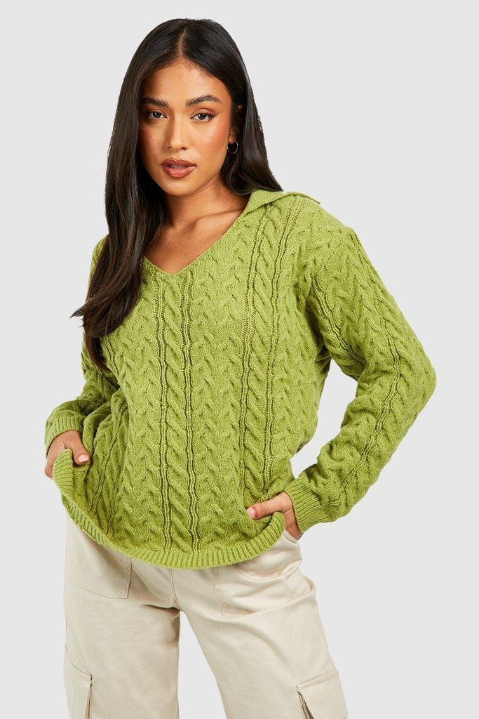 Womens Petite Cable Knit Collar Detail Jumper - Green - S, Green