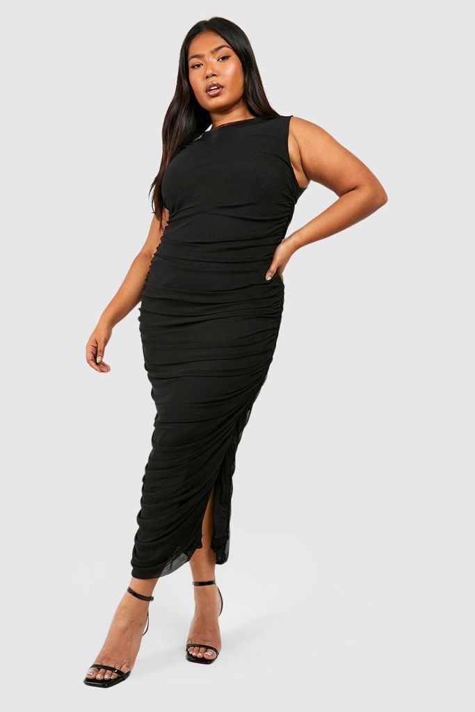 Womens Plus Mesh Ruched Midaxi Dress - Black - 16, Black