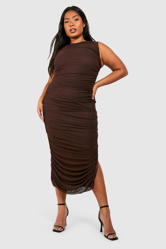 Womens Plus Mesh Ruched Midaxi Dress - Brown - 16, Brown