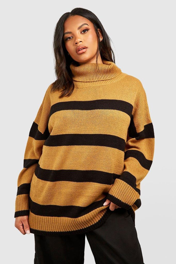 Womens Plus Stripe Oversized Knitted Jumper - Brown - 16, Brown