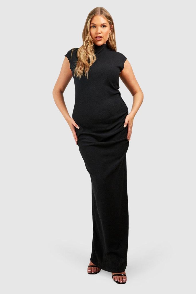 Womens Plus Textured High Neck Ruched Column Midaxi Dress - Black - 16, Black