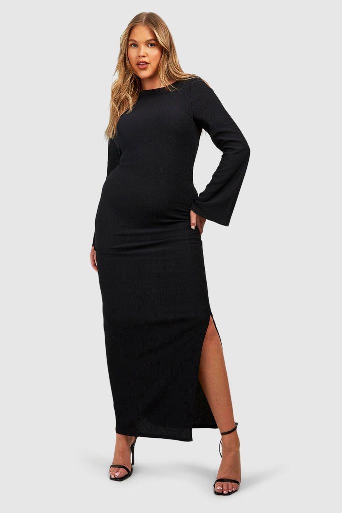 Womens Plus Textured Long Sleeve Flare Split Midaxi Dress - Black - 16, Black