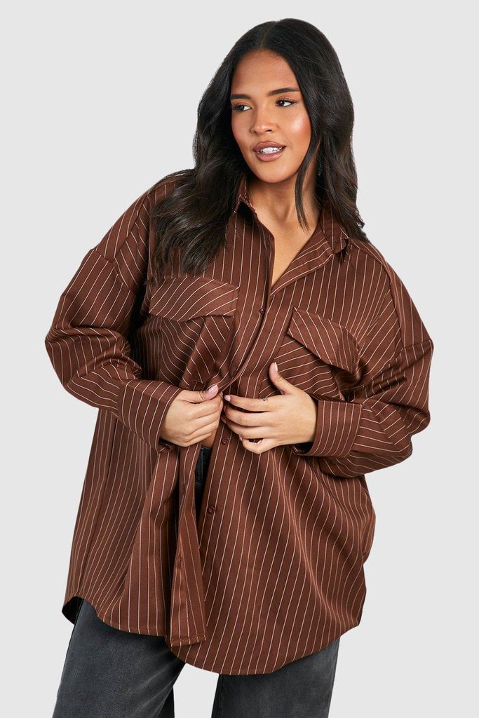 Womens Plus Utility Pinstripe Oversized Shirt - Brown - 16, Brown