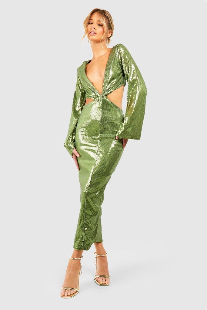Womens Sequin Flare Sleeve Cut Out Midaxi Dress - Green - 8, Green