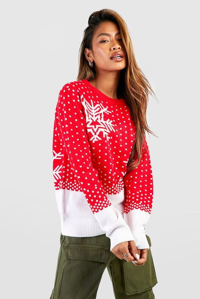 Womens Vintage Snowflake And Snow Christmas Jumper - Red - S, Red