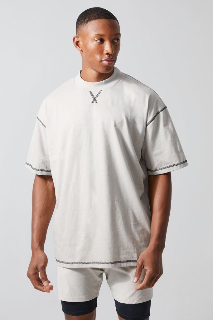 Men's Active Oversized Extended Neck Stitch T-Shirt - Beige - S, Beige