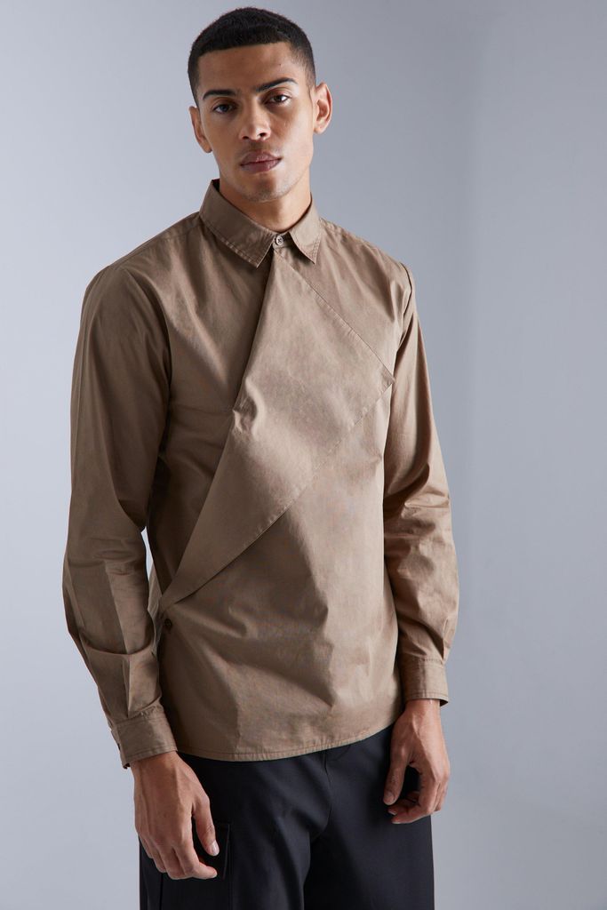 Men's Longsleeve Asymmetrical Front Shirt - Beige - S, Beige