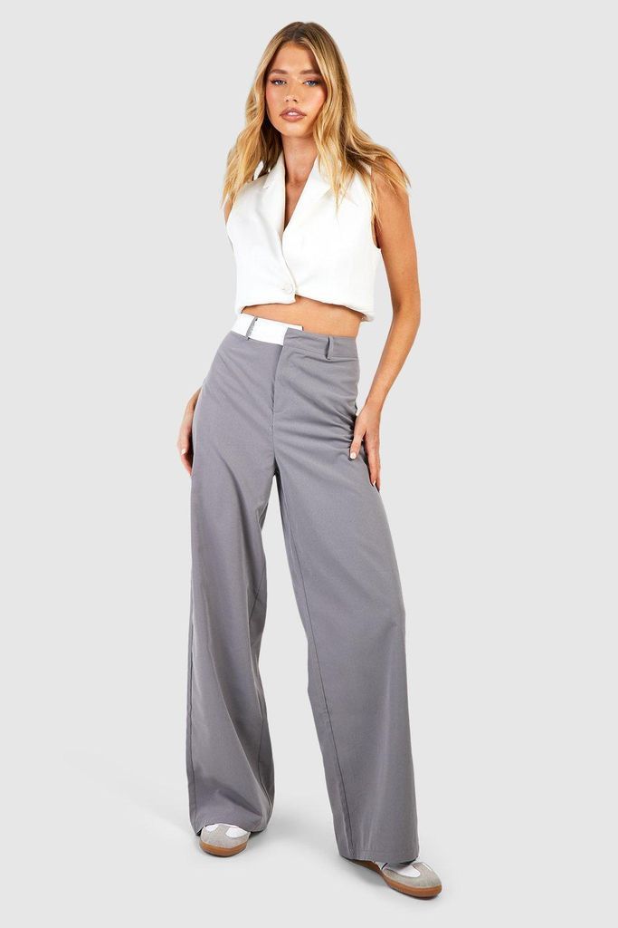 Womens Asymmetric Folded Waistband Trouser - Grey - 6, Grey