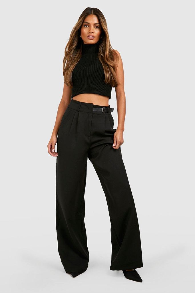 Womens Belted Detail Pleat Front Tailored Trousers - Black - 6, Black