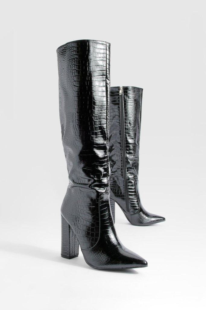 Womens Croc Block Heel Knee High Boots - Black - 3, Black