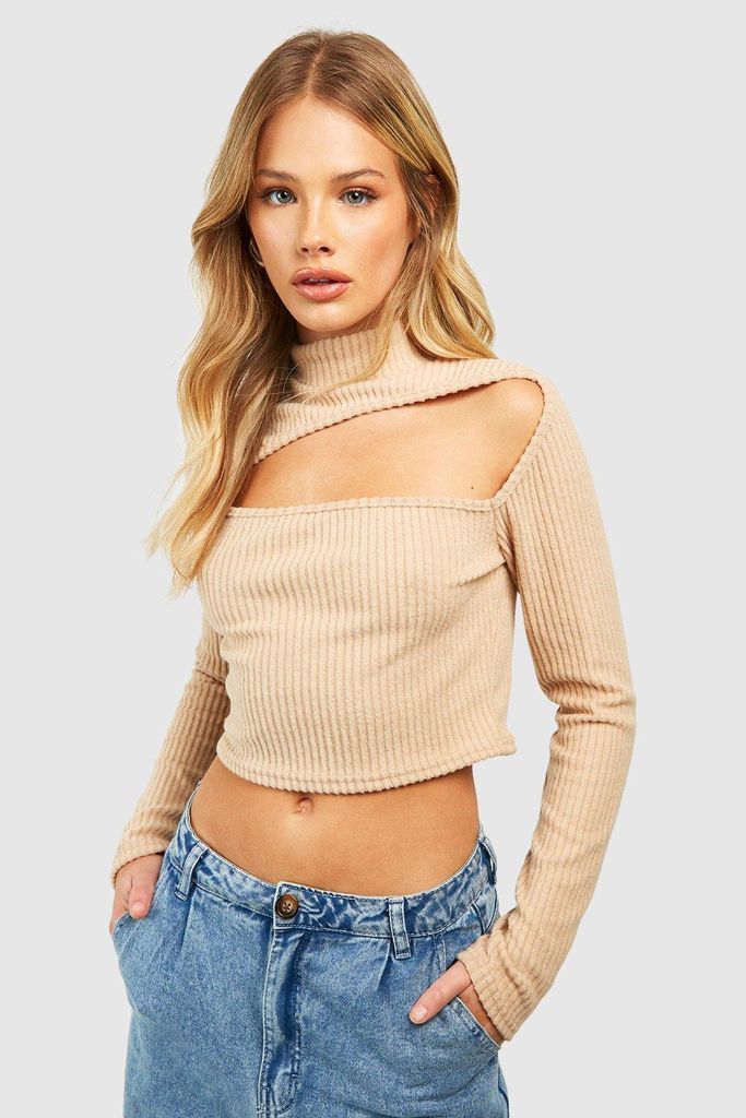 Womens Knitted High Neck Cut Out Top - Beige - 6, Beige