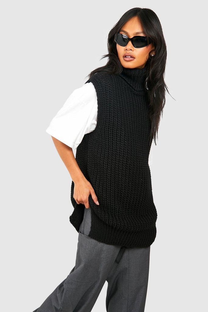 Womens Oversized Chunky Knit Roll Neck Sleeveless Vest - Black - One Size, Black