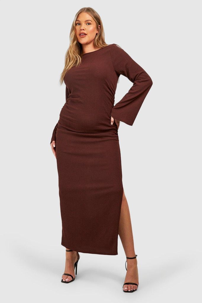 Womens Plus Textured Long Sleeve Flare Split Midaxi Dress - Brown - 16, Brown
