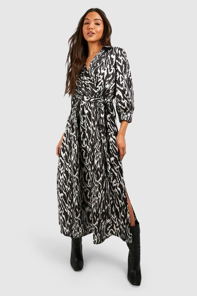 Womens Satin Blurred Zebra Print Wrap Front Shirt Dress - Black - 6, Black