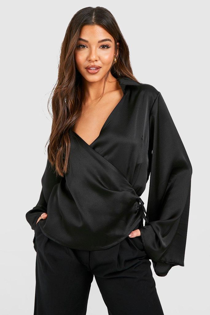 Womens Satin Flared Sleeve Wrap Front Blouse - Black - 6, Black