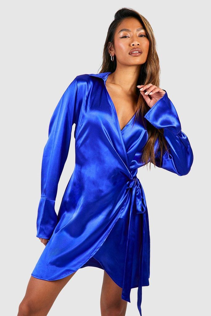Womens Satin Wrap Mini Shirt Dress - Blue - 8, Blue