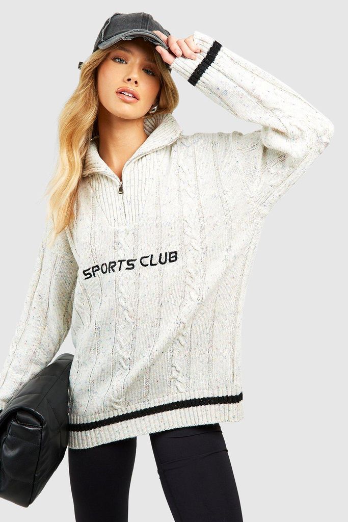 Womens Sports Club Marl Cable Knit Half Zip Jumper - White - S, White