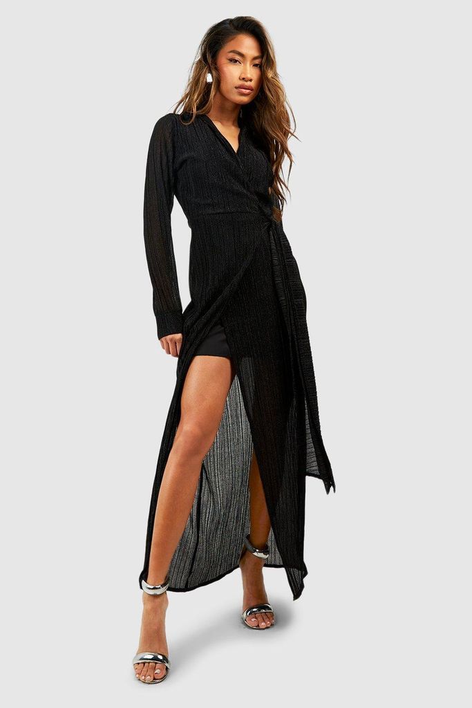 Womens Tie Waist Glitter Plisse Split Leg Maxi Dress - Black - 8, Black