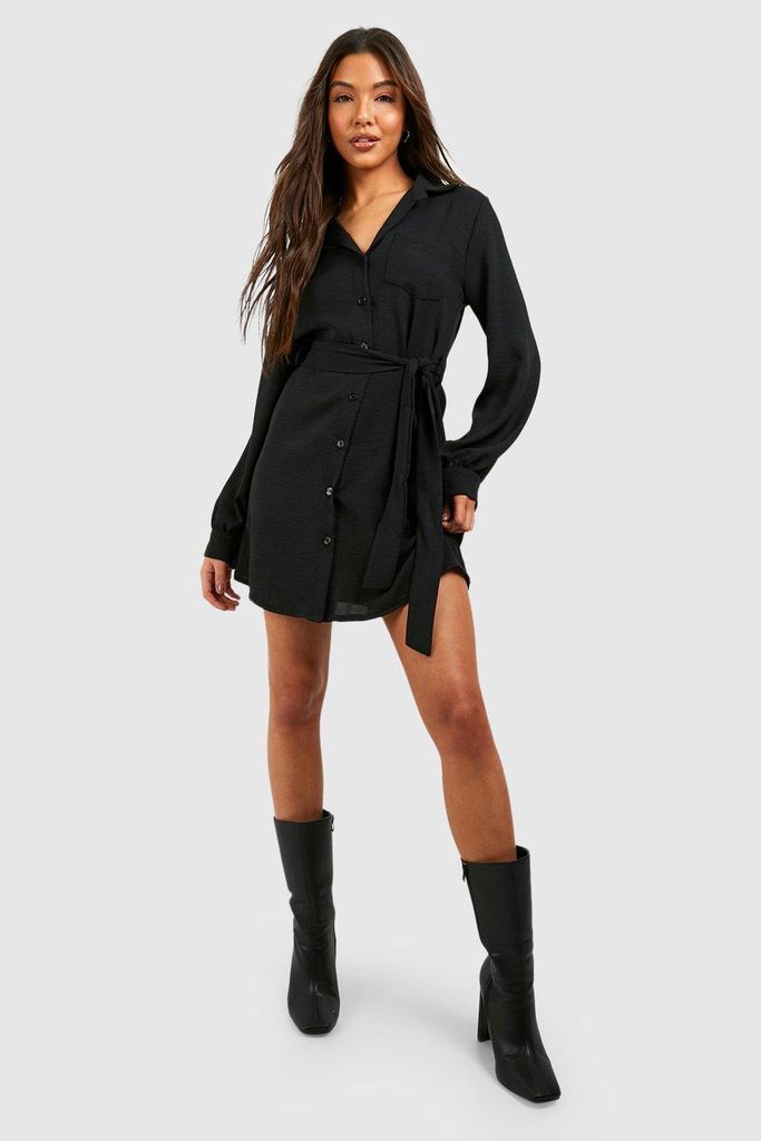 Womens Hammered Pocket Detail Long Sleeve Utility Shirt Dress - Black - 6, Black