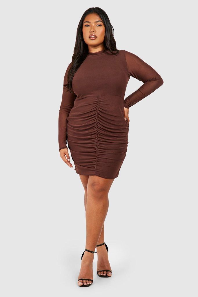 Womens Plus Mesh Ruched Bodycon Dress - Brown - 16, Brown