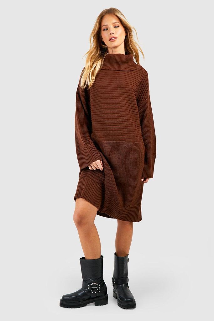 Womens Rib Detail Chunky Roll Neck Jumper Dress - Brown - S, Brown