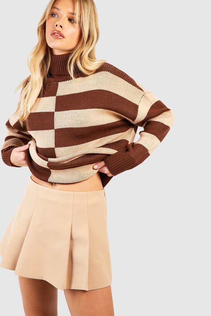 Womens Roll Neck Mixed Stripe Jumper - Brown - S, Brown