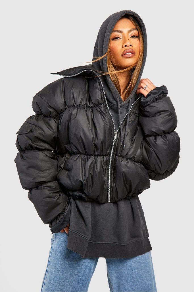 Womens Ruched Detail Puffer Jacket - Black - 8, Black
