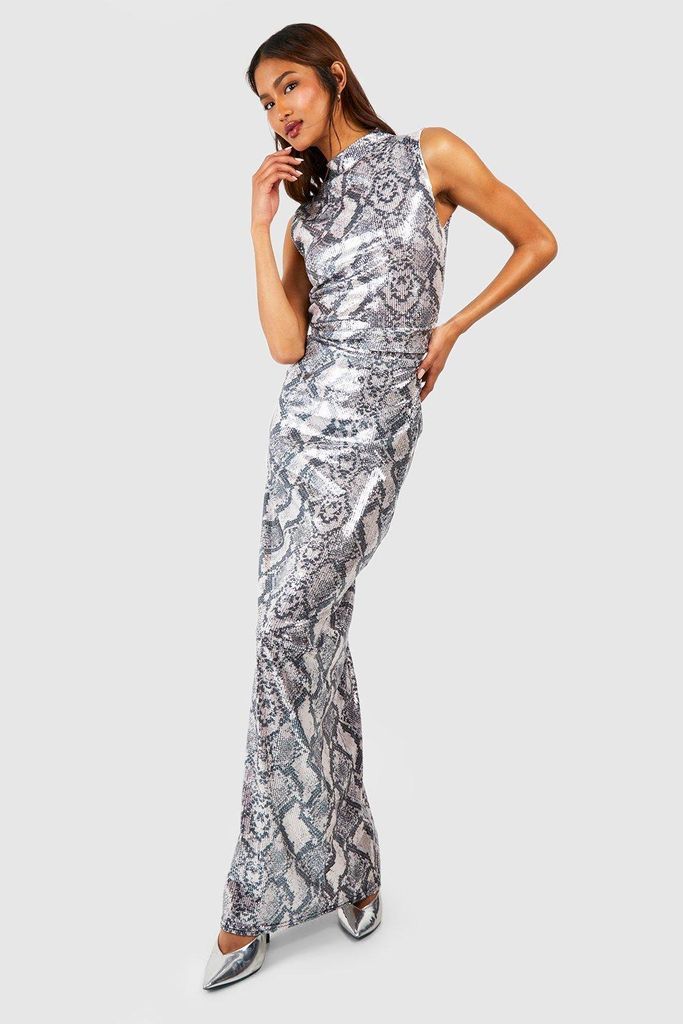 Womens Tall Sequin Snake Print High Neck Ruched Side Midaxi Dress - Grey - 6, Grey