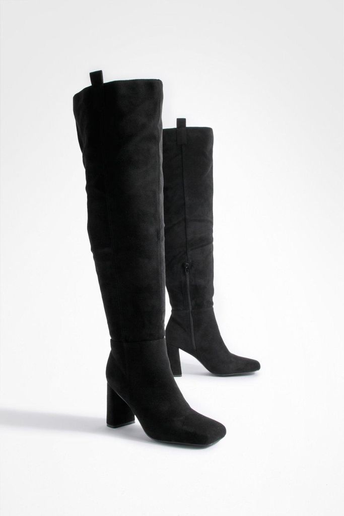 Womens Wide Fit Tab Detail Over The Knee Boots - Black - 3, Black