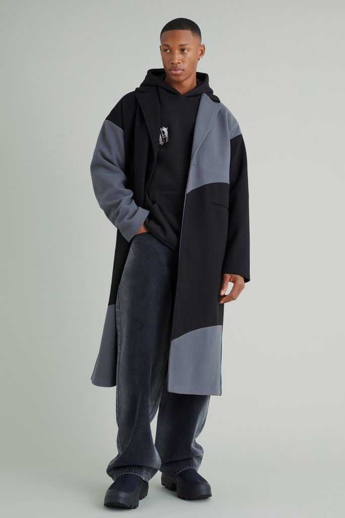 Men's Colour Block Melton Overcoat - Black - S, Black