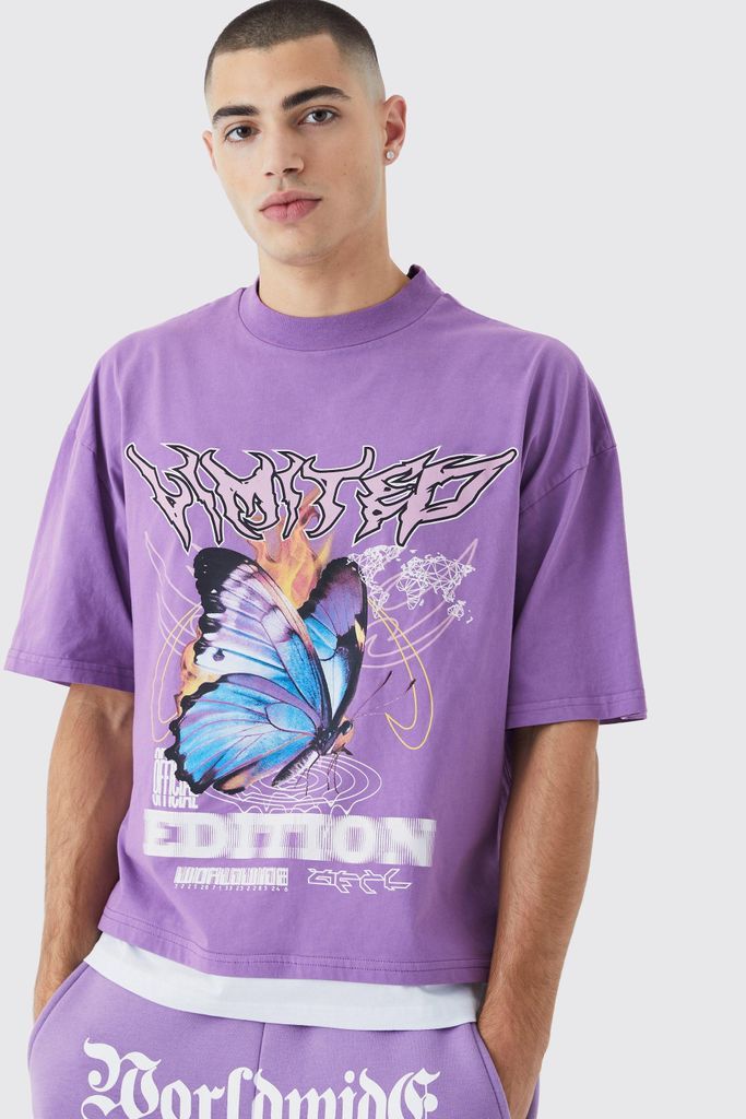 Men's Oversized Butterfly Graphic Faux Layer T-Shirt - Purple - S, Purple