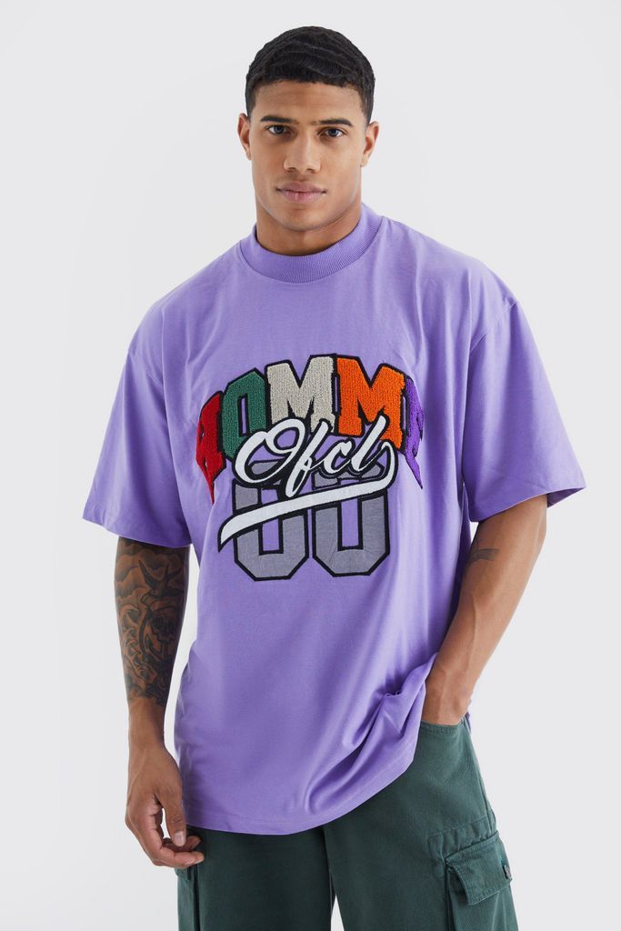 Men's Oversized Homme Washed Varsity Applique T-Shirt - Purple - S, Purple