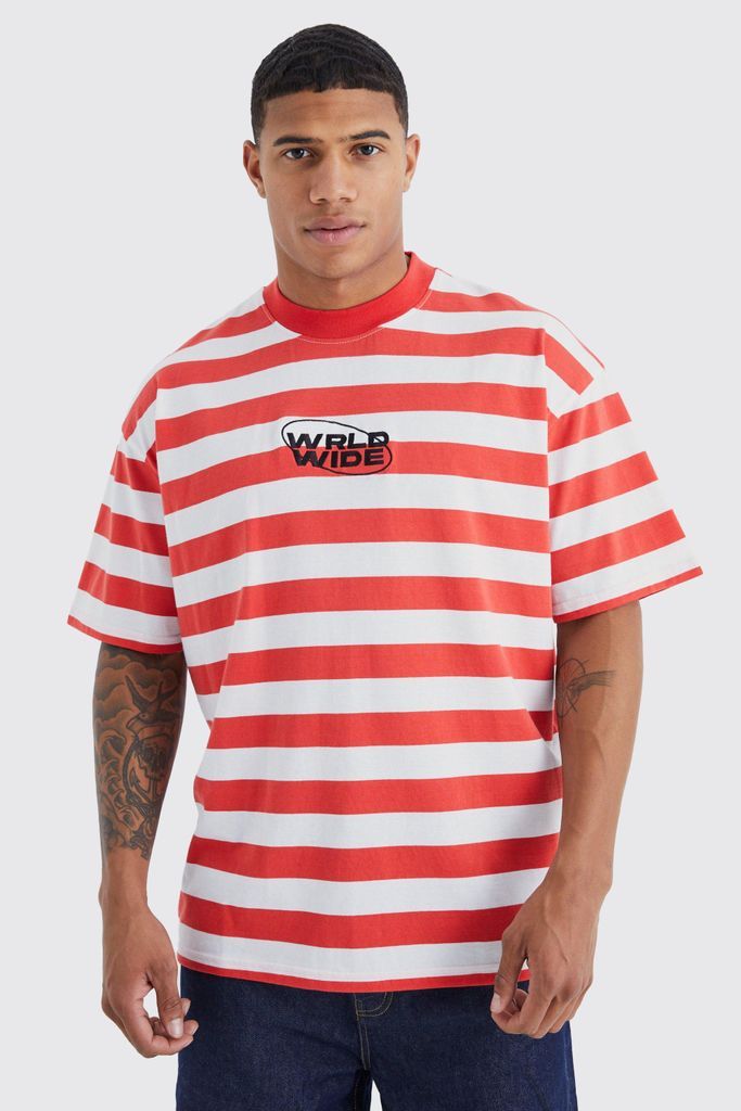 Men's Oversized Worldwide Stripe T-Shirt - Red - S, Red