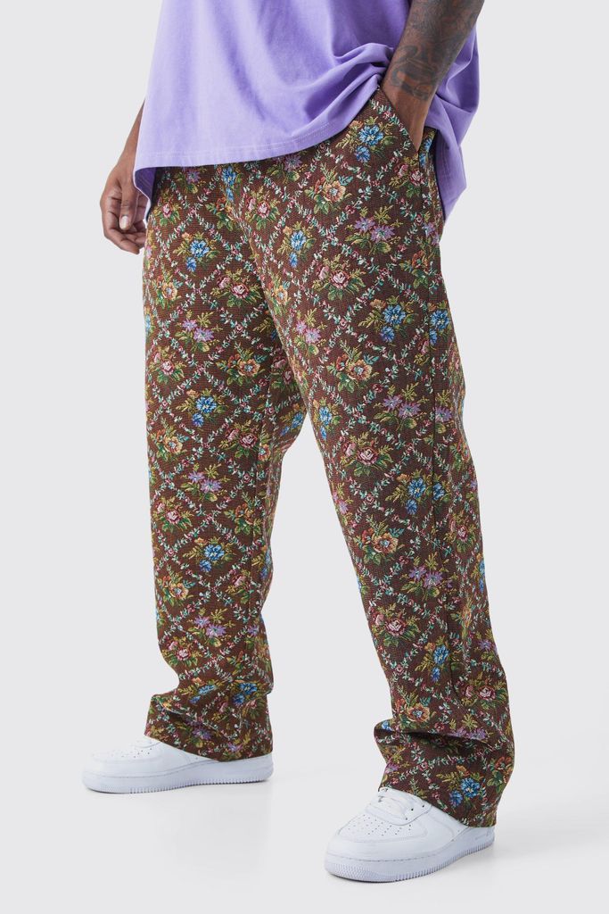 Men's Plus Fixed Waist Floral Tapestry Trouser - Brown - 38, Brown