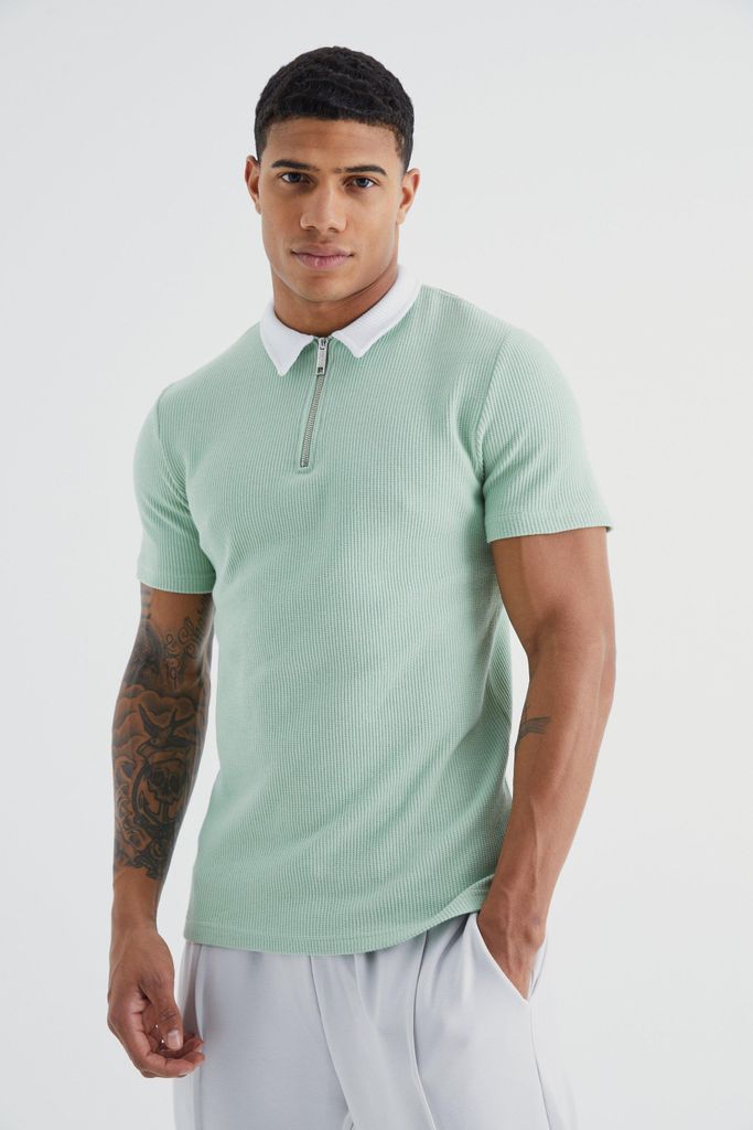 Men's Short Sleeve Muscle Fit Waffle Polo - Green - S, Green