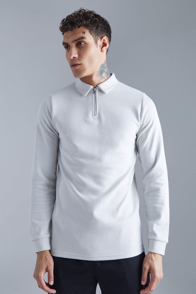 Men's Slim Interlock Long Sleeved Polo - Grey - S, Grey
