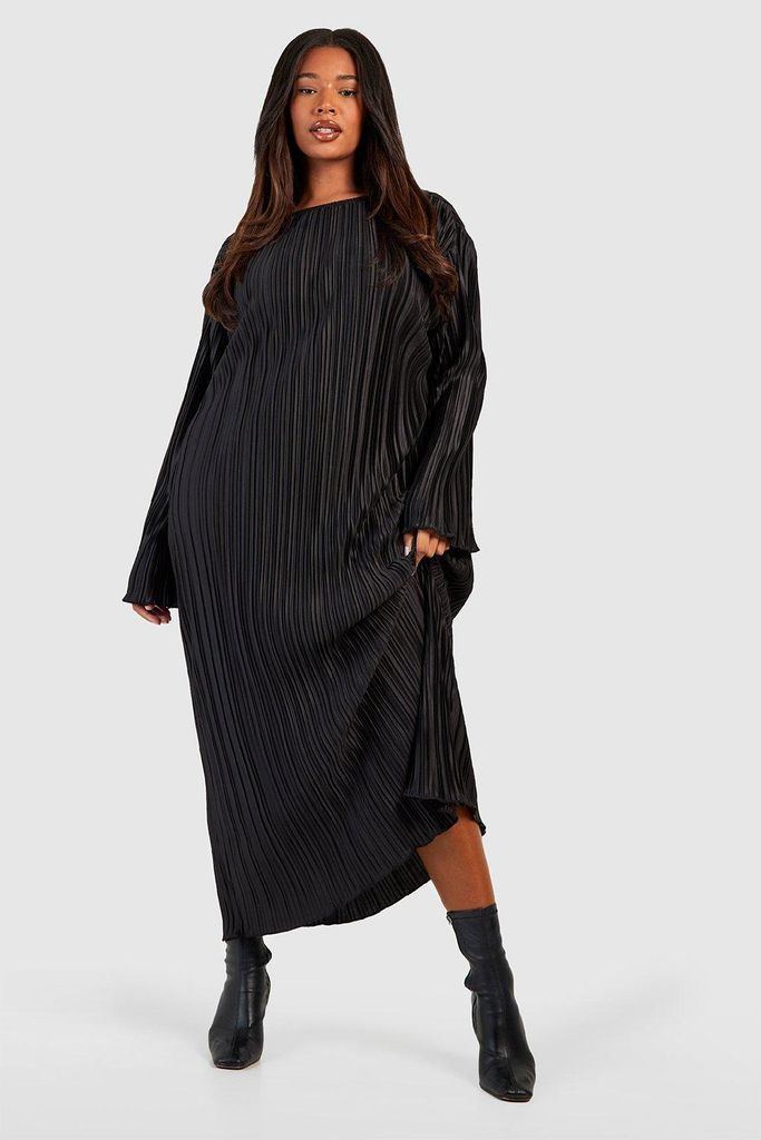 Womens Plus Wide Plisse Midaxi Dress - Black - 16, Black