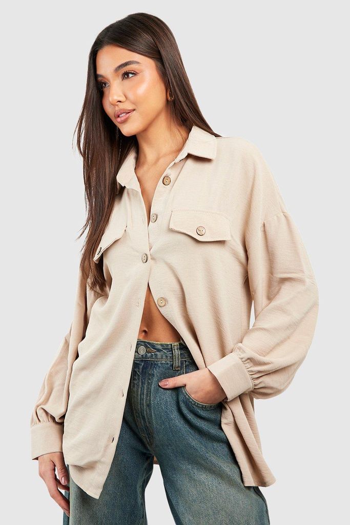Womens Hammered Contrast Button Relaxed Fit Shirt - Beige - 8, Beige