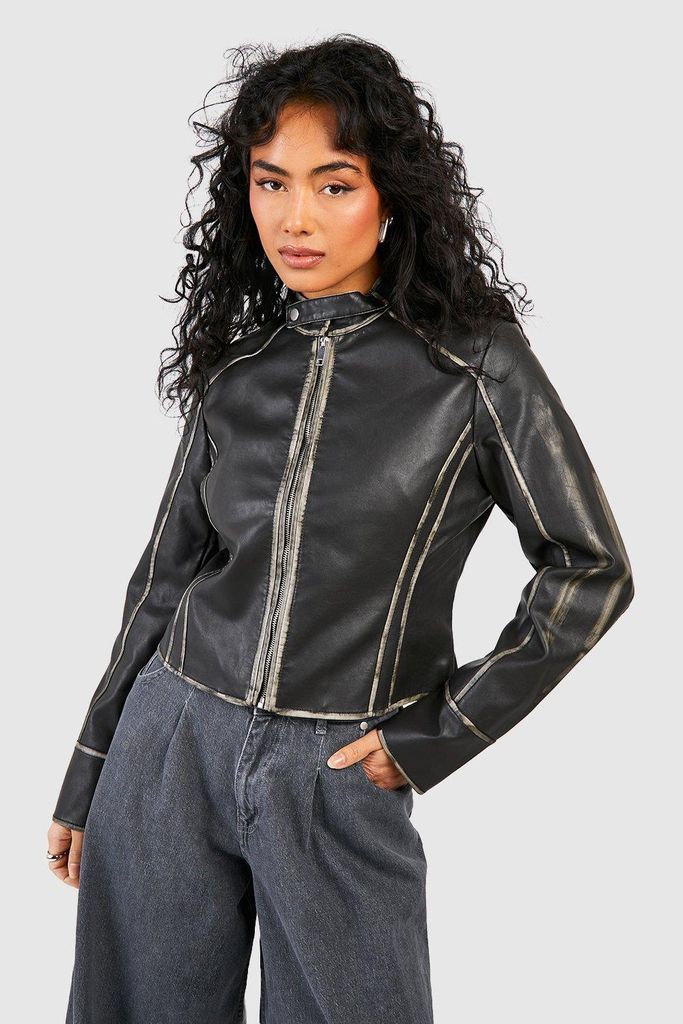 Womens Vintage Look Moto Faux Leather Jacket - Black - 8, Black