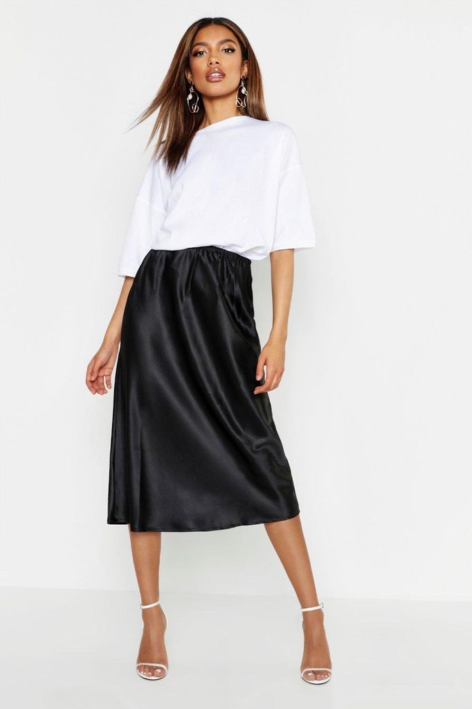 Womens Satin Bias Cut Midi Skirt - Black - 6, Black
