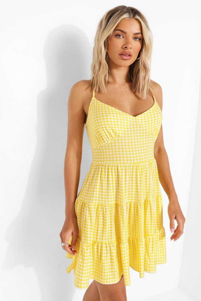 Womens Gingham Strappy Tiered Skater Dress - Yellow - 8, Yellow