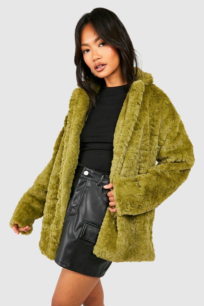 Womens Textured Faux Fur Longline Coat - Green - 8, Green