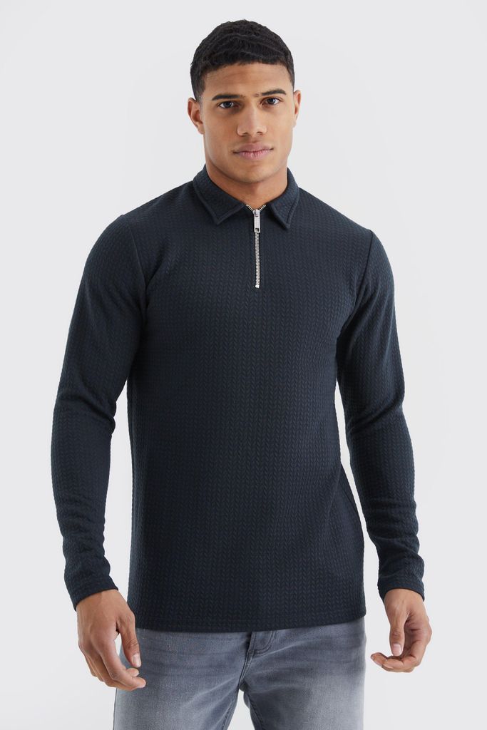 Men's Long Sleeve Slim Cable Textured Polo - Black - S, Black