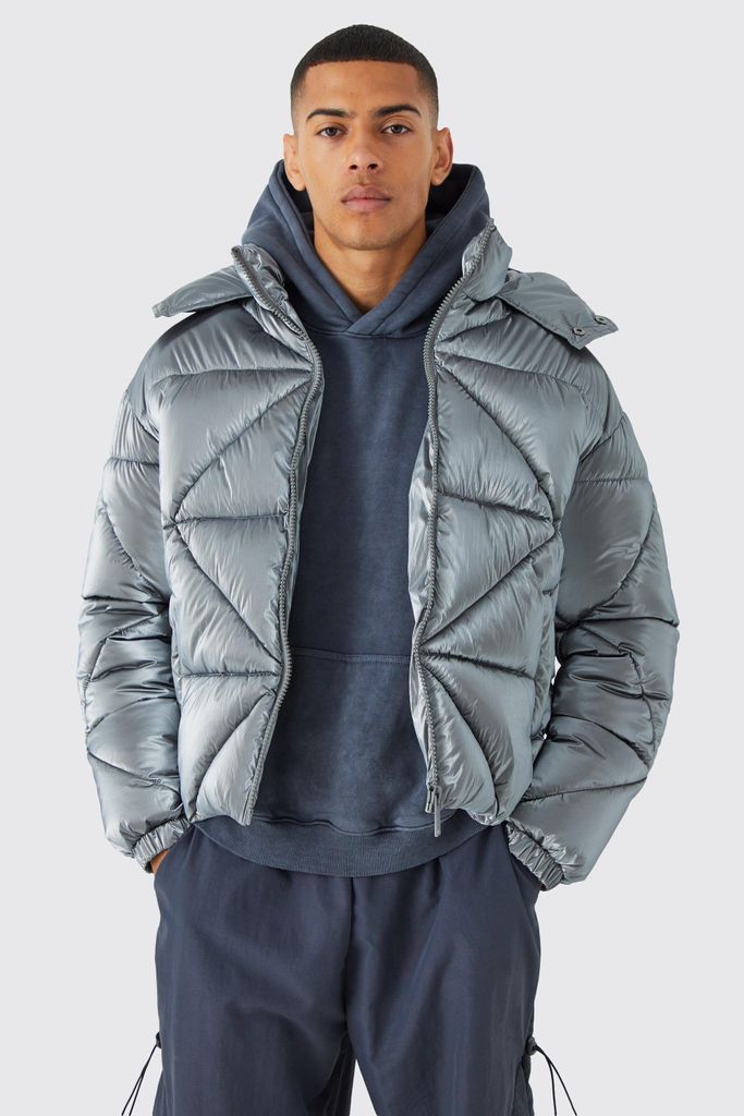 Men's Metallic Boxy Quilted Puffer - Grey - S, Grey