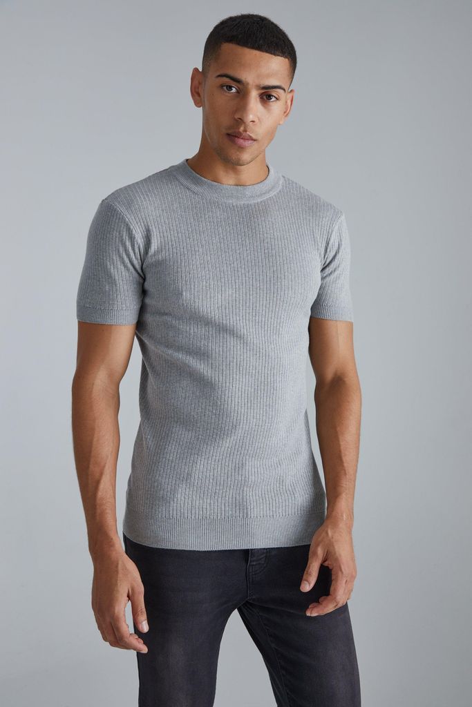 Men's Ribbed Muscle Short Sleeve Extended Neck Knitted T-Shirt - Grey - S, Grey