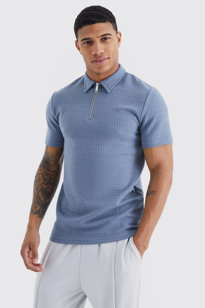 Men's Short Sleeve Muscle Cable Textured Polo - Blue - S, Blue