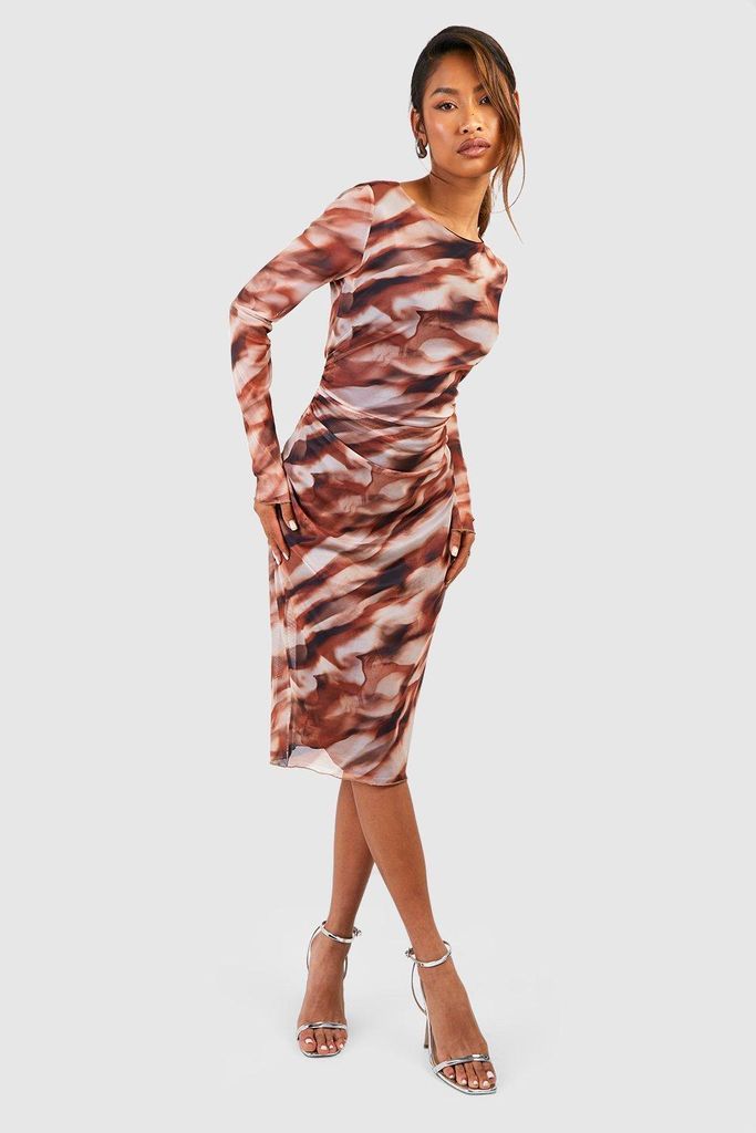 Womens Abstract Printed Mesh Long Sleeve Midaxi Dress - Brown - 8, Brown