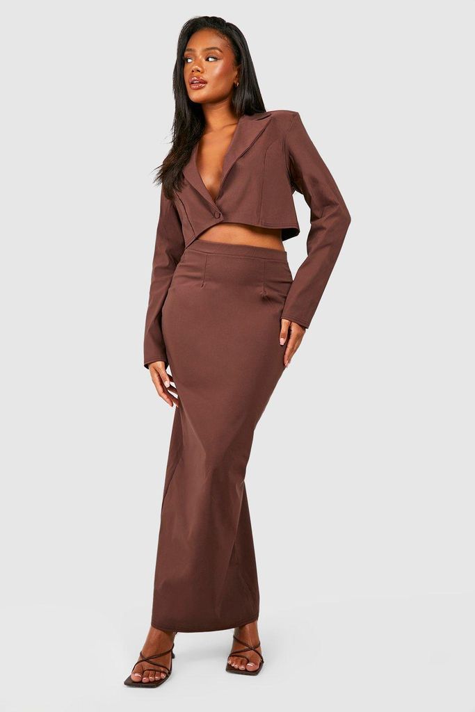 Womens Boxy Cropped Blazer & Column Maxi Skirt - Brown - 6, Brown