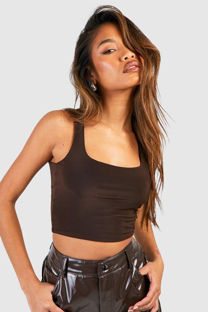 Womens Double Layer Scoop Neck Strappy Crop Top - Brown - 6, Brown