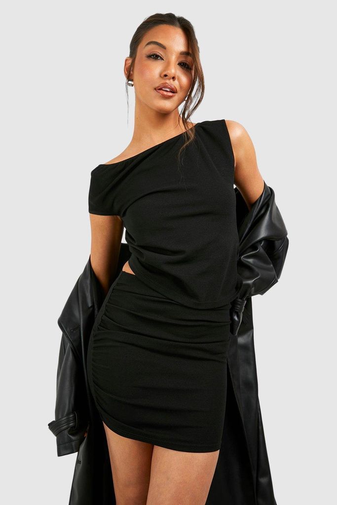 Womens Drape Asymmetric Top & Pelmet Mini Skirt - Black - 6, Black